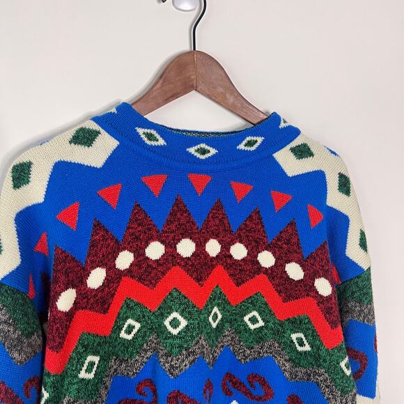 Adina Vintage Sweater Womens Large Colorful Aztec Dopamine Maximalist Cabincore - Picture 3 of 9
